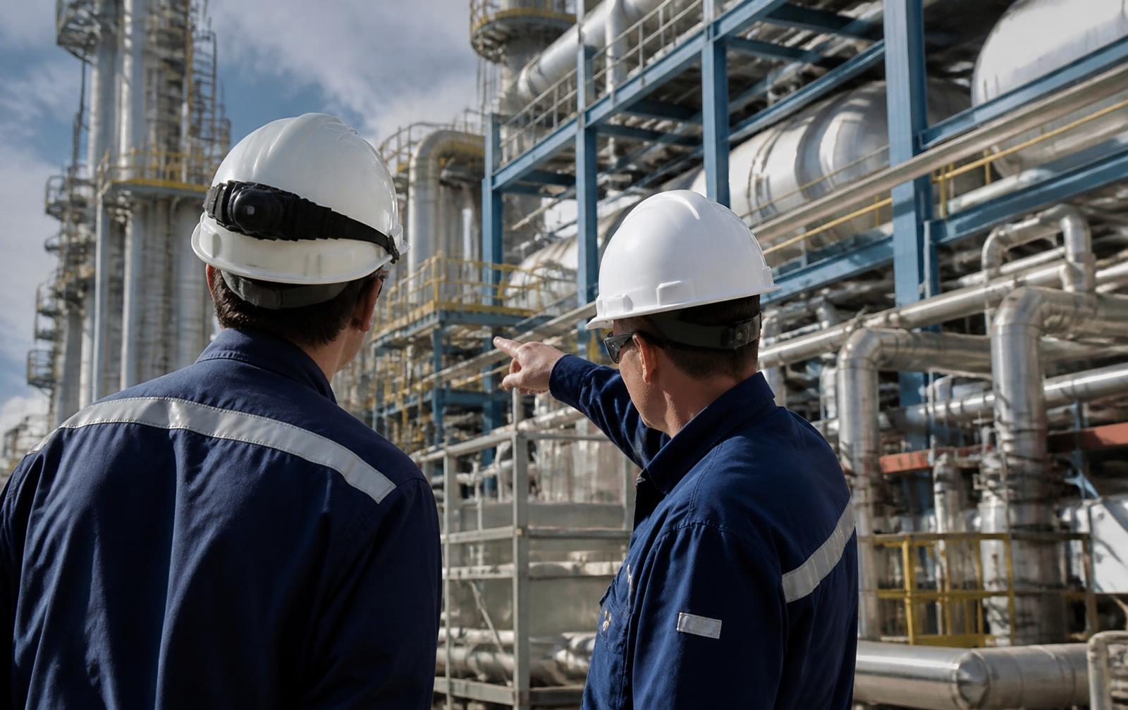 Engineers in safety helmets inspecting refinery pipework