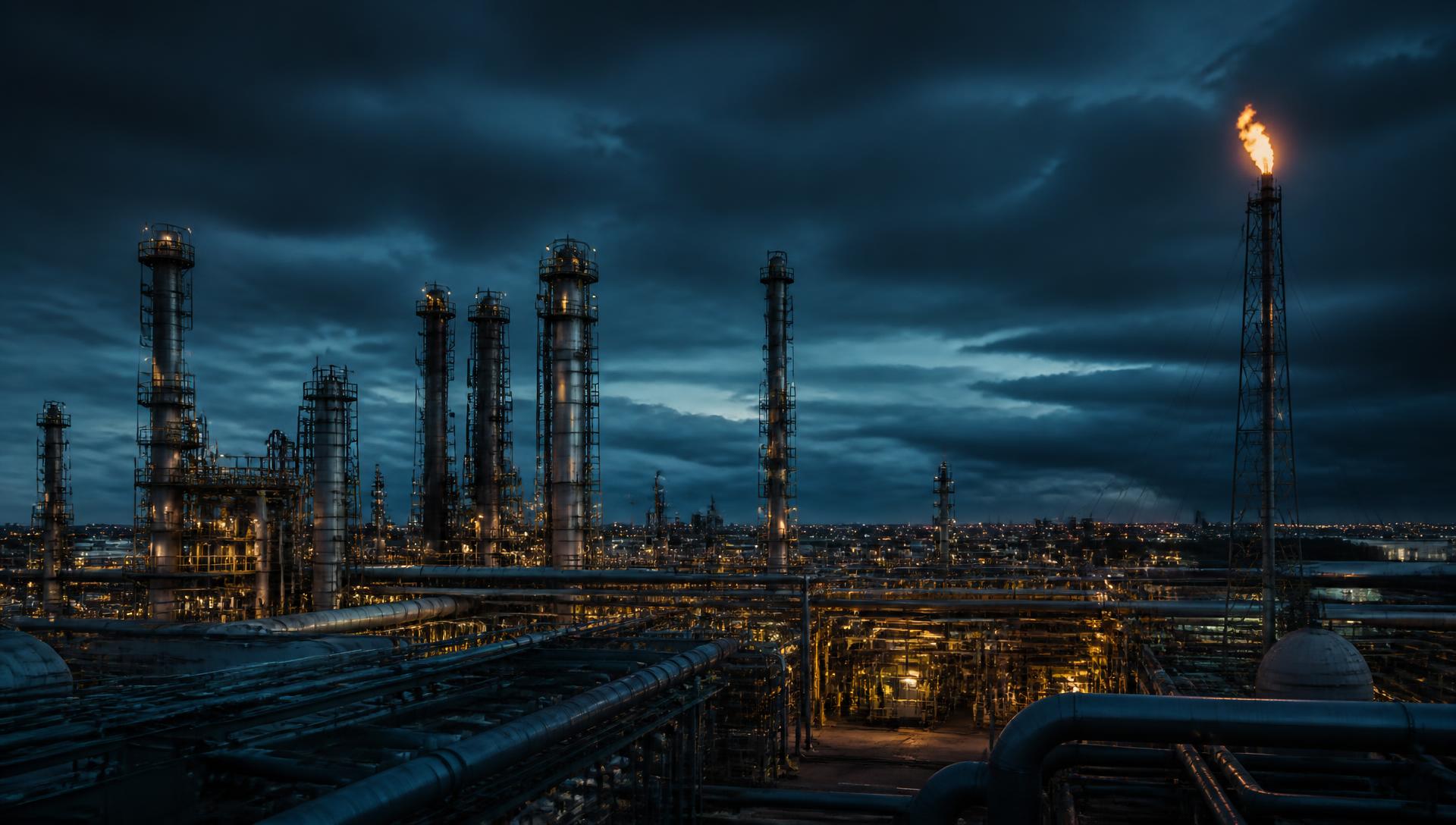 Oil refinery complex illuminated at blue hour